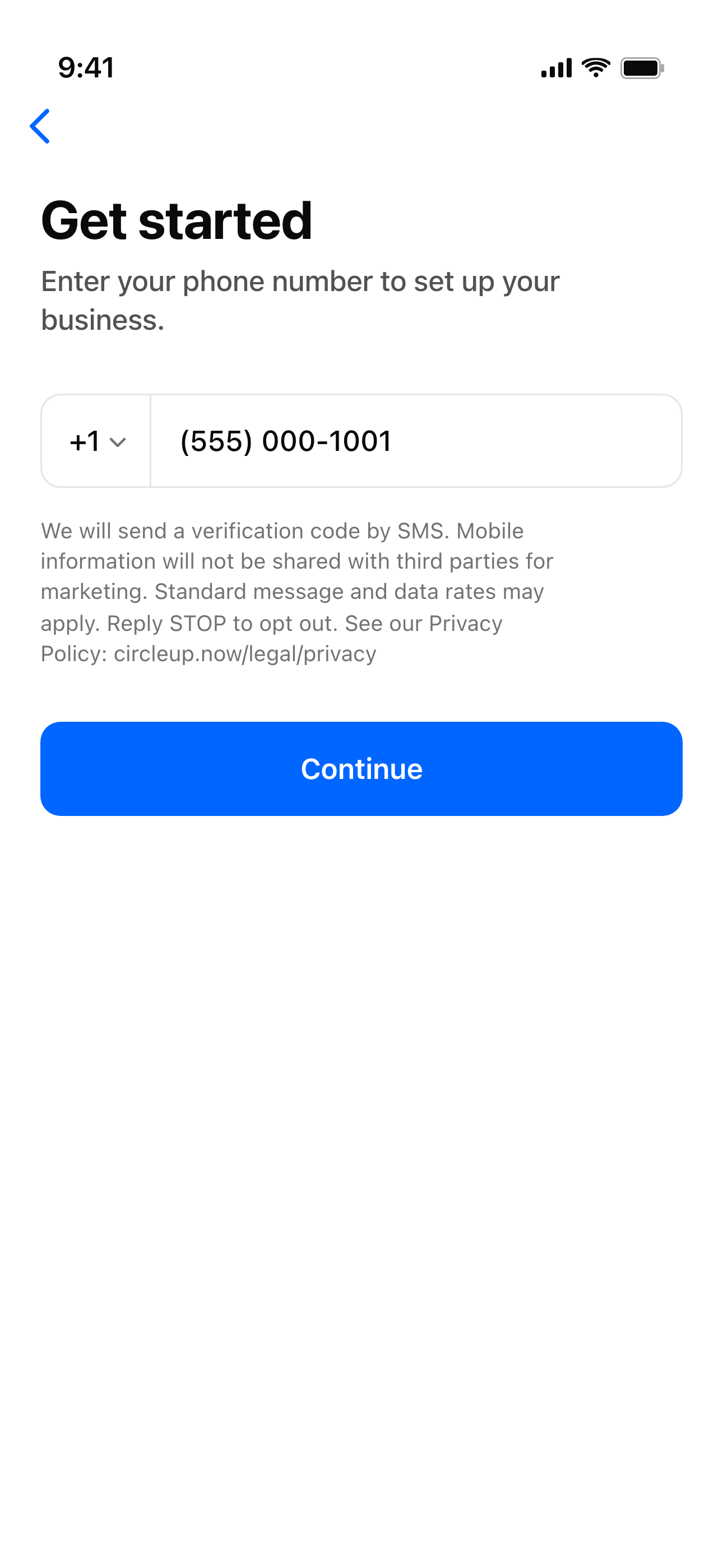 CircleUp Get Started screen: phone number entry with the SMS consent disclosure visible above the Continue button.