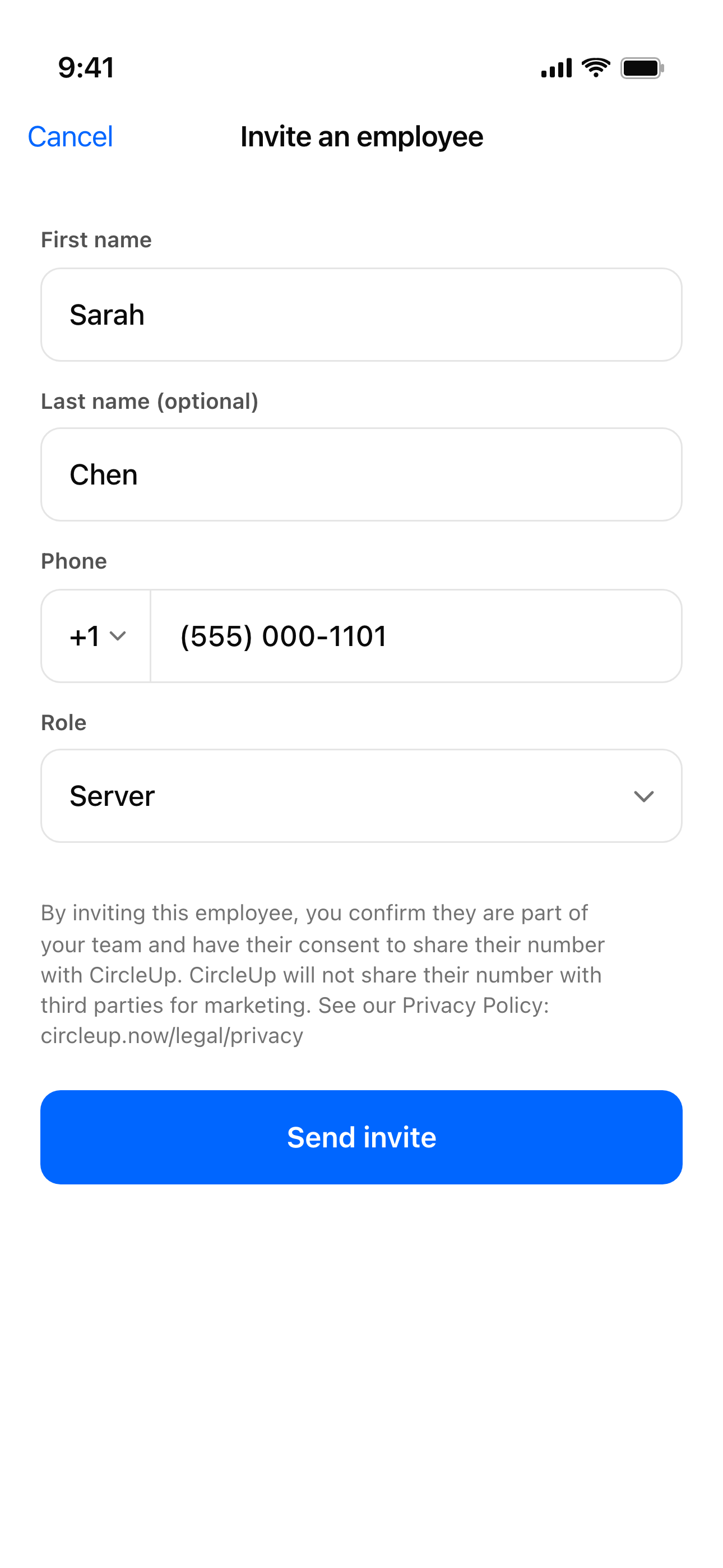 CircleUp Invite an employee form with first name, last name, phone, and role fields, plus the employer-attestation disclosure above the Send invite button.